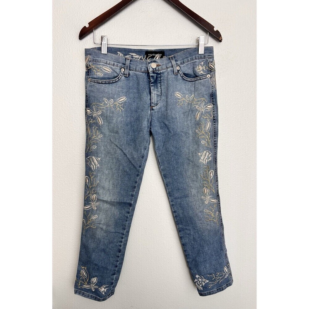 VTG RoccoBarocco Jeans Women’s Size 27 Floral Fish Embroidered Straight Leg - Picture 1 of 11
